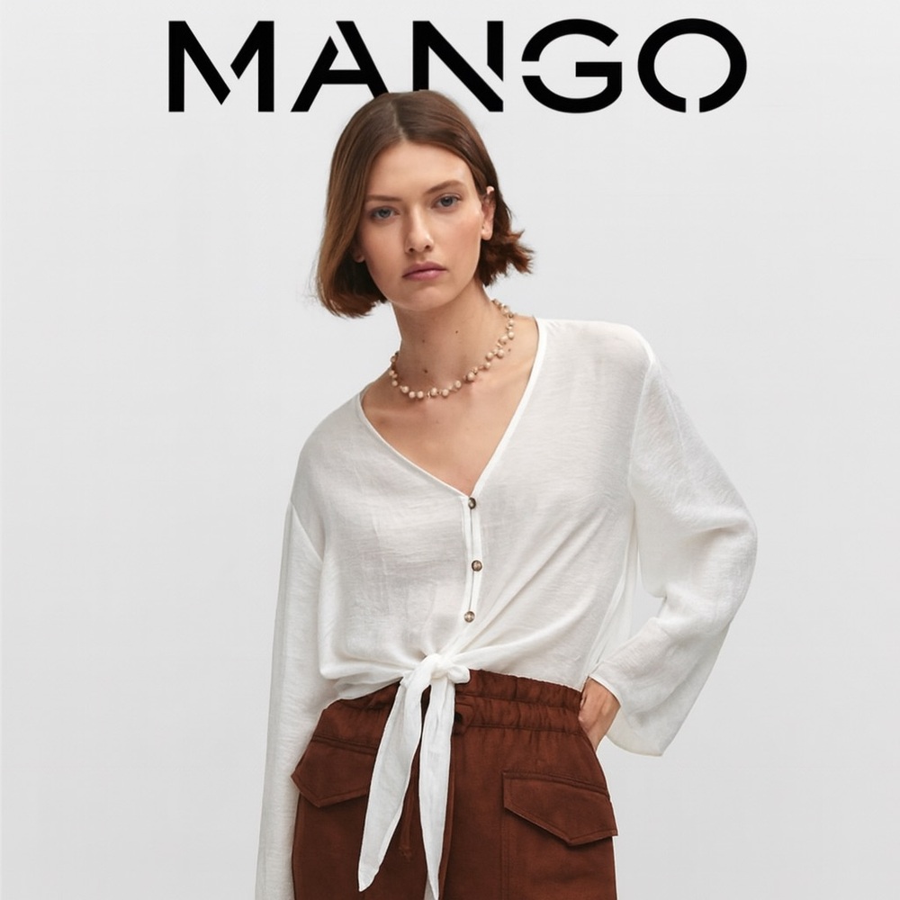 Mango White Tie Front Flared Sleeve Blouse Long Sleeve Boho Chic NWT Sz M #135